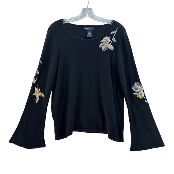 BY Artisan Size Large Sweater Priam Metallic Embroidery Knit Bell Sleeve Black - Picture 1 of 7